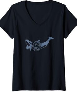 Womens Boho Floral Cute Orca Killer Whale Flower Ocean Nature Lover V-Neck T-Shirt