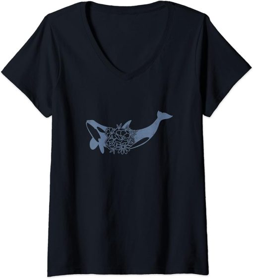 Womens Boho Floral Cute Orca Killer Whale Flower Ocean Nature Lover V-Neck T-Shirt