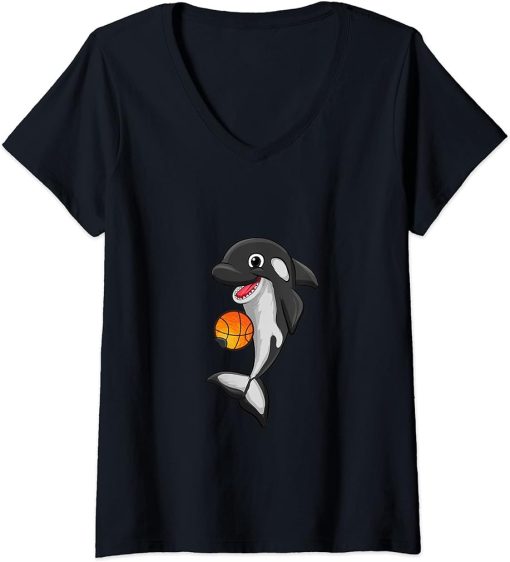 Womens Basketball Love Killer Whale Orca Lover Animal Funny Womens V-Neck T-Shirt