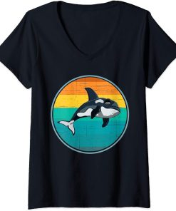 Womens Killer Whale Retro Vintage Orcas Whale Family Ocean V-Neck T-Shirt