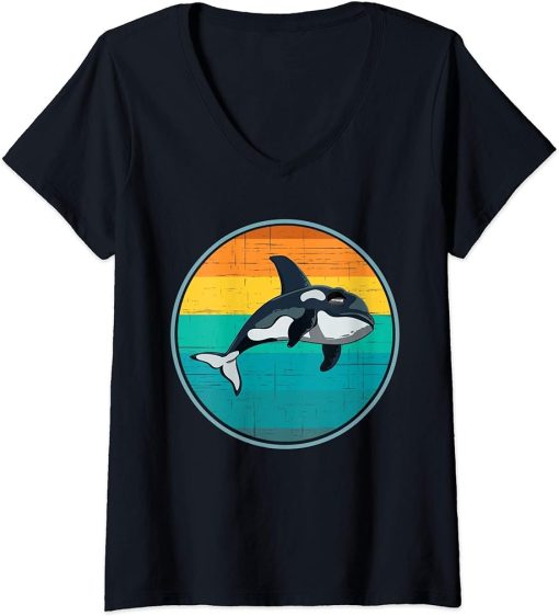 Womens Killer Whale Retro Vintage Orcas Whale Family Ocean V-Neck T-Shirt