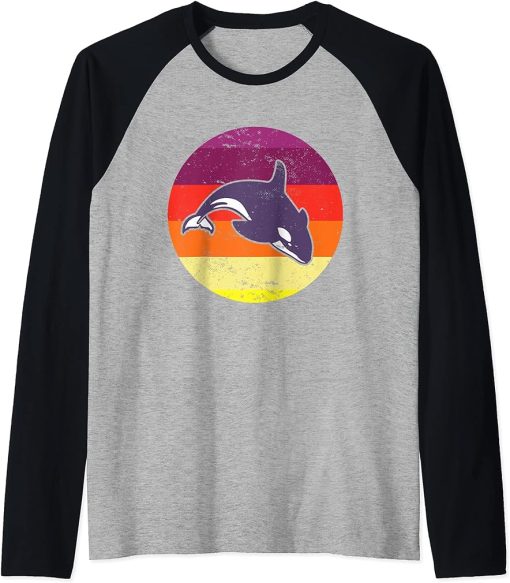 Orca Family Vintage Retro Art Killer Whale Family Raglan Baseball Tee