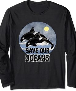 Save Our Oceans Orca Killer Whale Art Retro Style Climate Long Sleeve T-Shirt